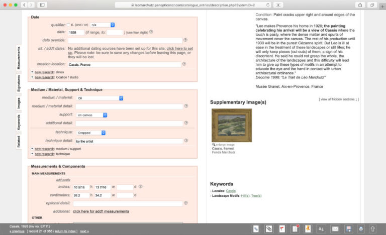 Left, Description Categories: Date, Medium, Measurements / Right: Preview Cont.